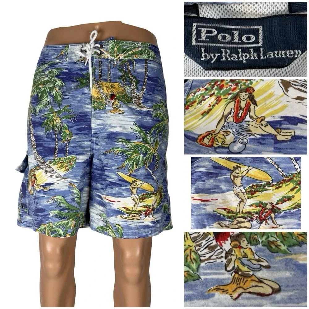 Polo Ralph Lauren Mens Large Shorts Swim Trunks Hawaiian Graphic Print Vintage